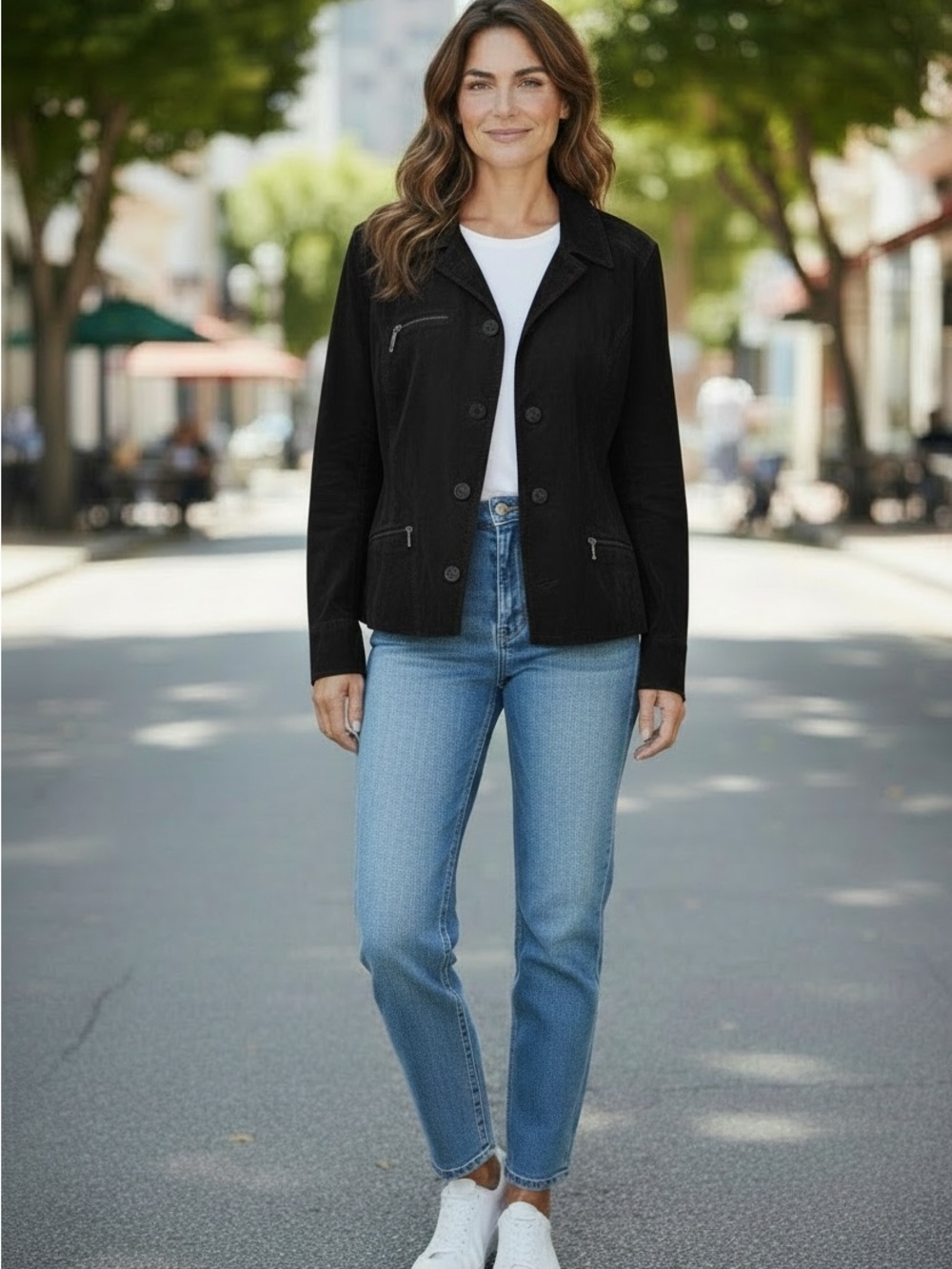 i.e Relaxed Black Women's 100% Leather Button-Front Jacket with Zip Pockets!
